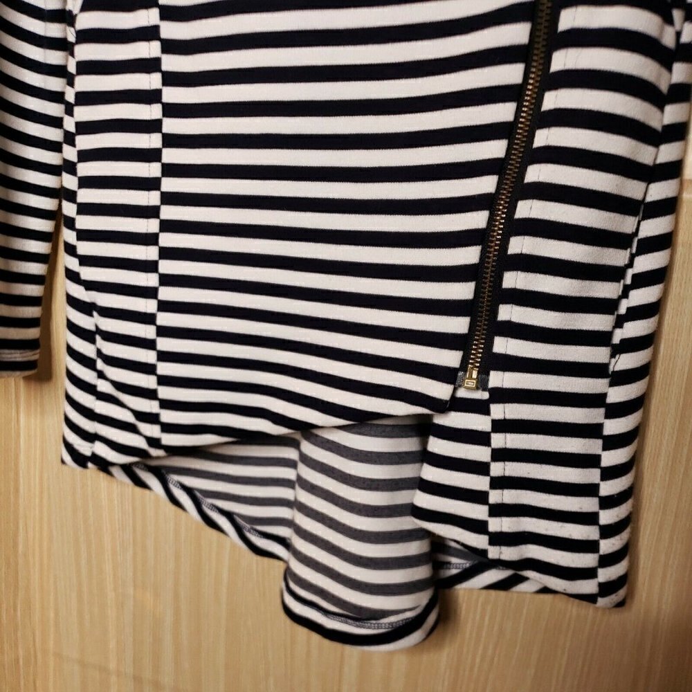 My Beloved Black White Stripe High Low Side Zip Lightweight Knit Jacket … - Picture 5 of 10